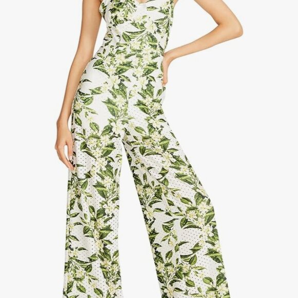 Betsey Johnson Women’s 14 White Green Floral Taylor Corset Jumpsuit Wide Leg - Picture 4 of 14